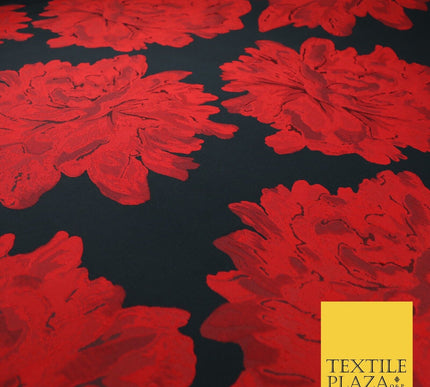 Black Red Large Floral Bloom Brocade Jacquard Dress Fabric 8235