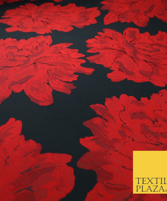 Black Red Large Floral Bloom Brocade Jacquard Dress Fabric 8235