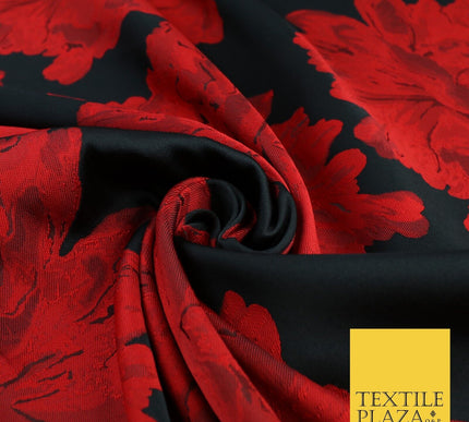 Black Red Large Floral Bloom Brocade Jacquard Dress Fabric 8235
