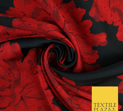 Black Red Large Floral Bloom Brocade Jacquard Dress Fabric 8235