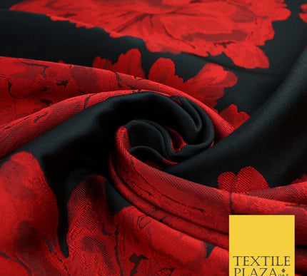 Black Red Large Floral Bloom Brocade Jacquard Dress Fabric 8235