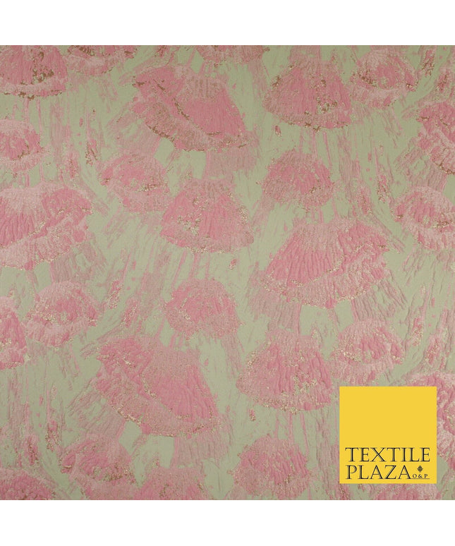 Pale Coral Falling Poppies Floral Textured Brocade Jacquard Fabric 8528