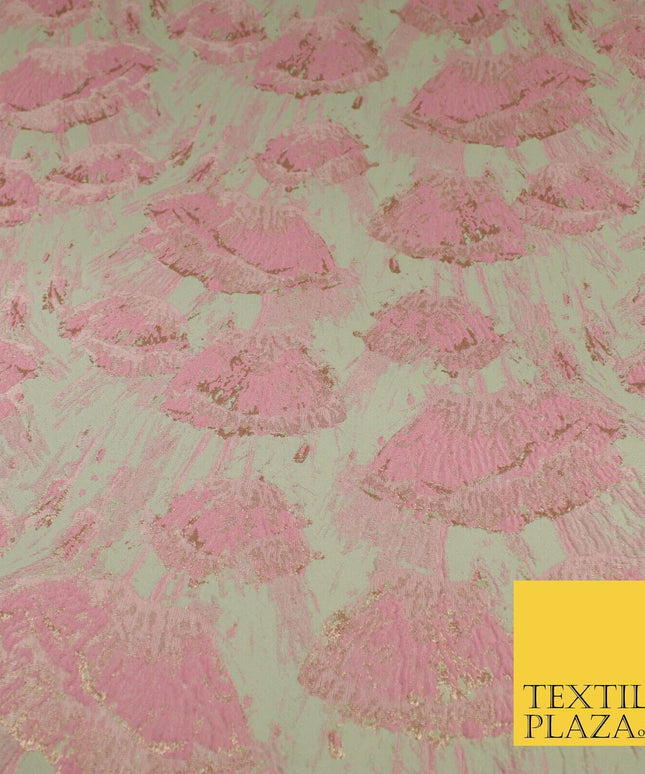 Pale Coral Falling Poppies Floral Textured Brocade Jacquard Fabric 8528