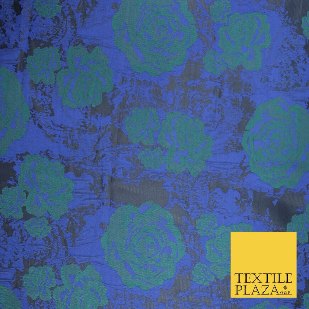 Black Royal Blue Green Floral Roses Bloom Textured Brocade Jacquard Fabric 8525