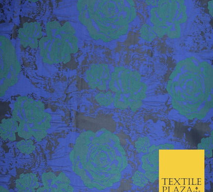 Black Royal Blue Green Floral Roses Bloom Textured Brocade Jacquard Fabric 8525