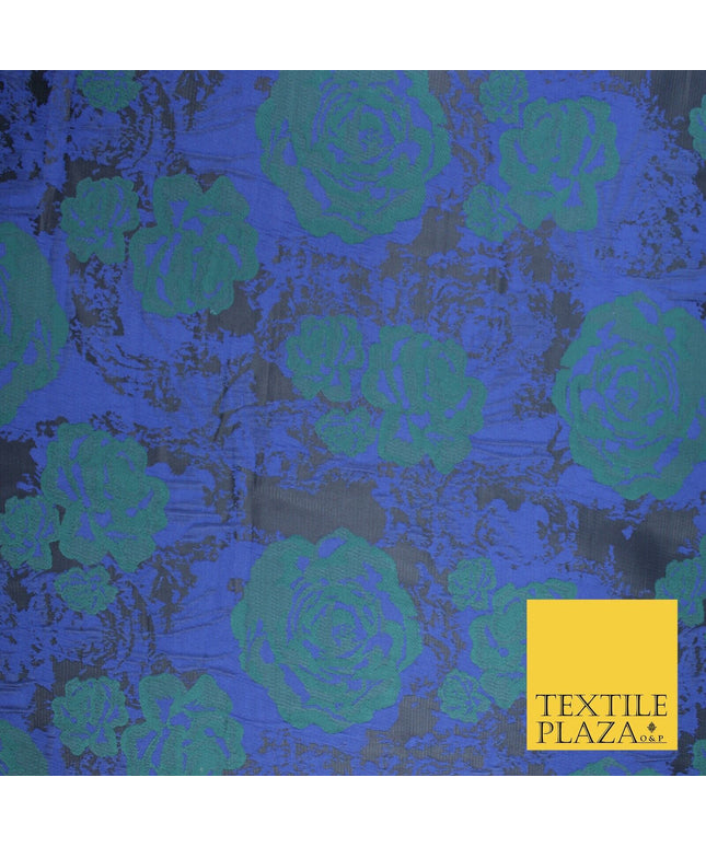 Black Royal Blue Green Floral Roses Bloom Textured Brocade Jacquard Fabric 8525