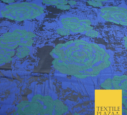 Black Royal Blue Green Floral Roses Bloom Textured Brocade Jacquard Fabric 8525