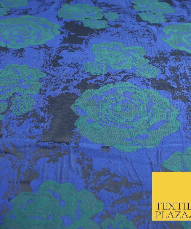 Black Royal Blue Green Floral Roses Bloom Textured Brocade Jacquard Fabric 8525
