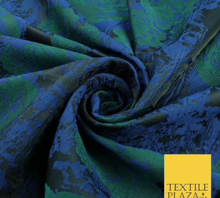 Black Royal Blue Green Floral Roses Bloom Textured Brocade Jacquard Fabric 8525