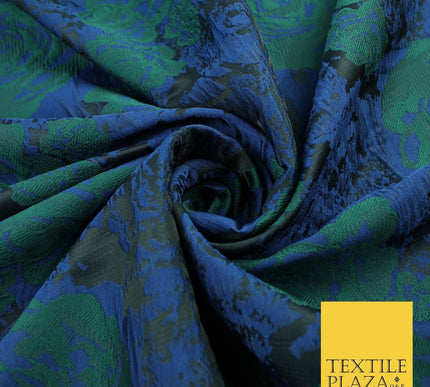 Black Royal Blue Green Floral Roses Bloom Textured Brocade Jacquard Fabric 8525