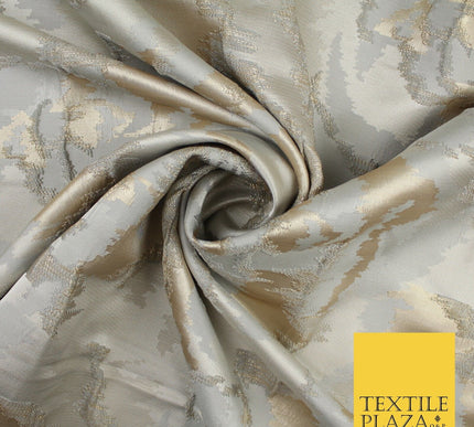 Champagne Gold Grey Hazy Floral Metallic Textured Brocade Fabric 8517