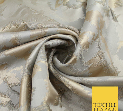 Champagne Gold Grey Hazy Floral Metallic Textured Brocade Fabric 8517