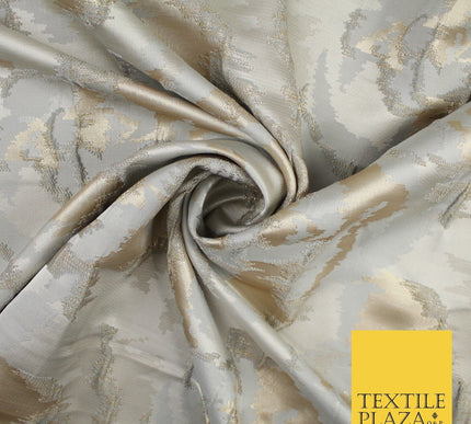 Champagne Gold Grey Hazy Floral Metallic Textured Brocade Fabric 8517