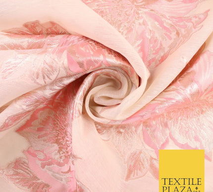 Light Peach Coral Floral Bloom Textured Brocade Jacquard Fabric 8523