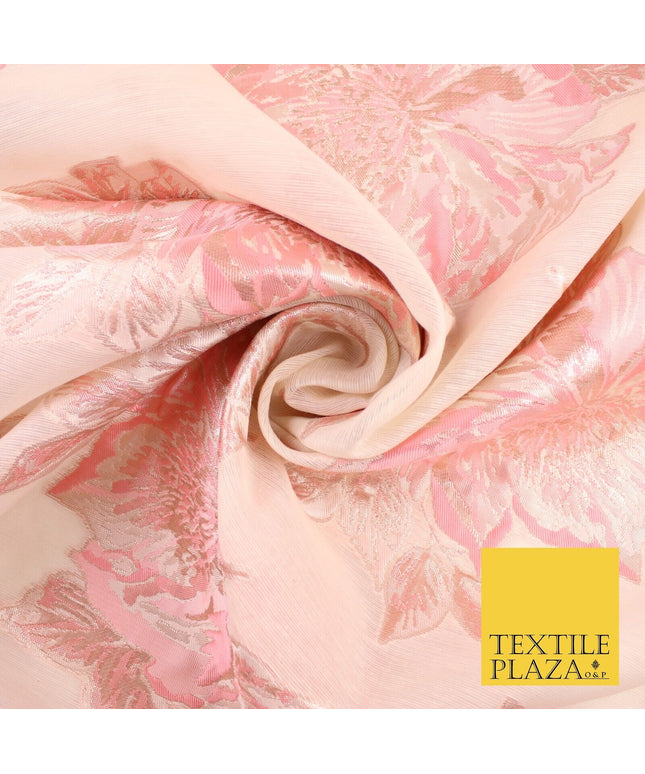 Light Peach Coral Floral Bloom Textured Brocade Jacquard Fabric 8523