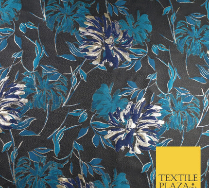 Navy Jade Navy Floral Bloom Textured Brocade Jacquard Fabric 8522
