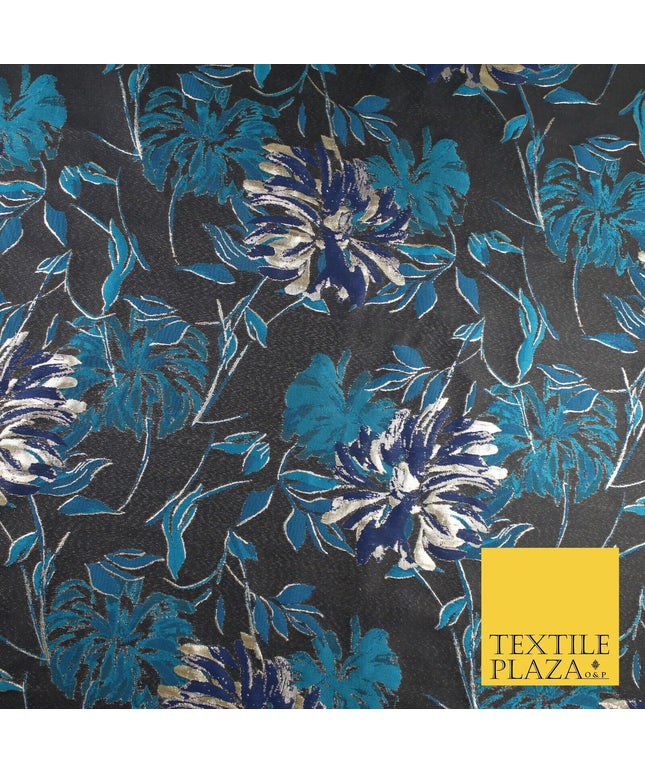 Navy Jade Navy Floral Bloom Textured Brocade Jacquard Fabric 8522