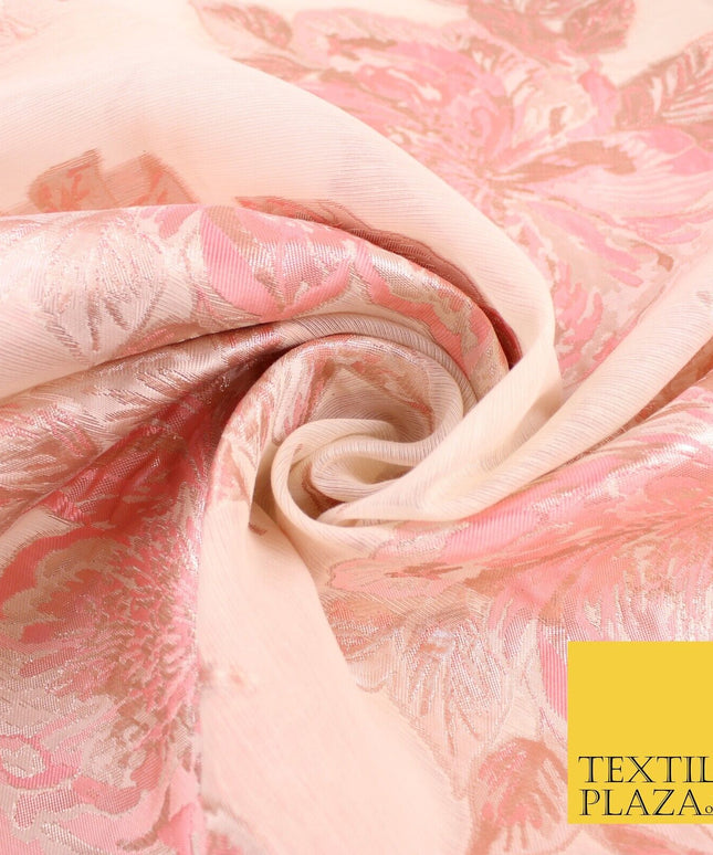 Light Peach Coral Floral Bloom Textured Brocade Jacquard Fabric 8523