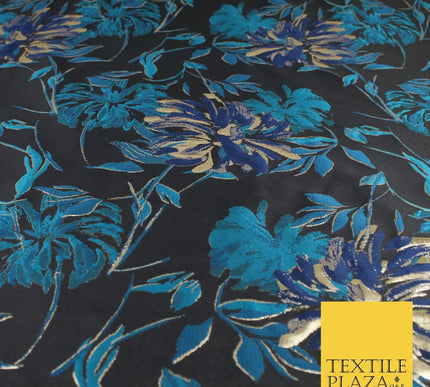 Navy Jade Navy Floral Bloom Textured Brocade Jacquard Fabric 8522