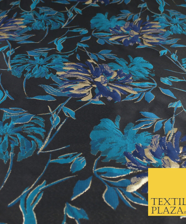 Navy Jade Navy Floral Bloom Textured Brocade Jacquard Fabric 8522