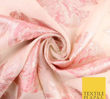 Light Peach Coral Floral Bloom Textured Brocade Jacquard Fabric 8523