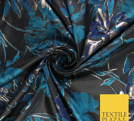 Navy Jade Navy Floral Bloom Textured Brocade Jacquard Fabric 8522