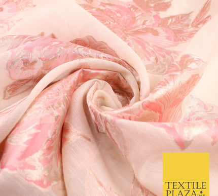 Light Peach Coral Floral Bloom Textured Brocade Jacquard Fabric 8523