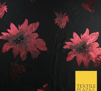 Black Red Falling Floral Textured Metallic Fancy Brocade Jacquard Fabric 8519