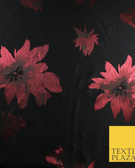 Black Red Falling Floral Textured Metallic Fancy Brocade Jacquard Fabric 8519