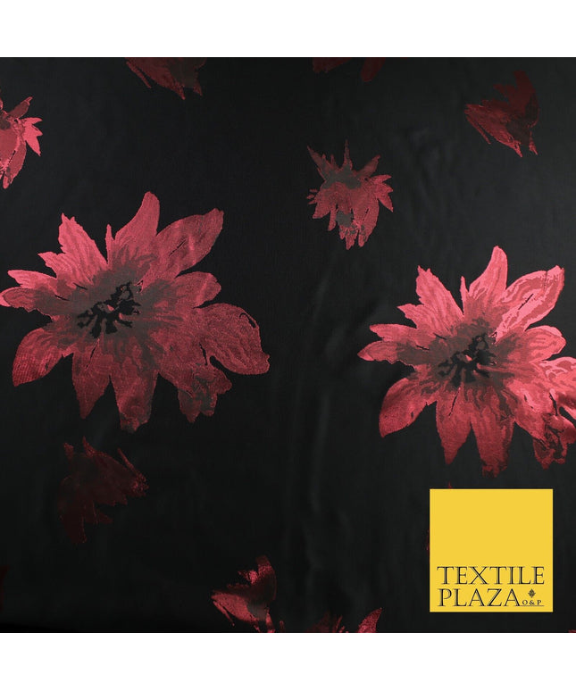 Black Red Falling Floral Textured Metallic Fancy Brocade Jacquard Fabric 8519