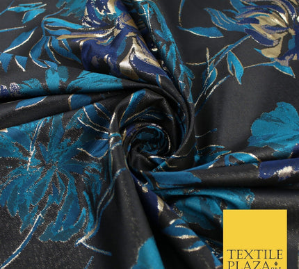Navy Jade Navy Floral Bloom Textured Brocade Jacquard Fabric 8522