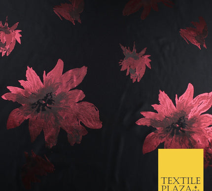 Black Red Falling Floral Textured Metallic Fancy Brocade Jacquard Fabric 8519