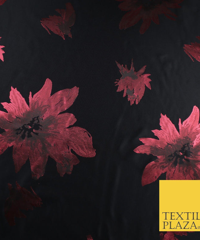 Black Red Falling Floral Textured Metallic Fancy Brocade Jacquard Fabric 8519