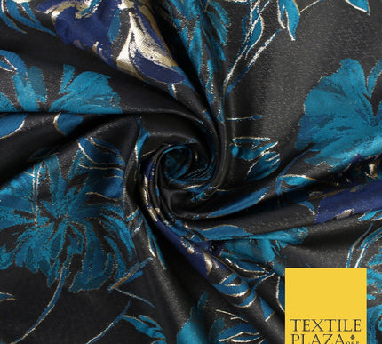 Navy Jade Navy Floral Bloom Textured Brocade Jacquard Fabric 8522