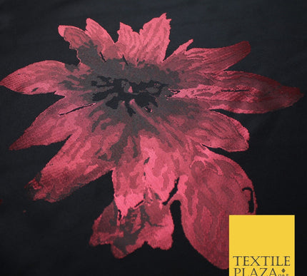 Black Red Falling Floral Textured Metallic Fancy Brocade Jacquard Fabric 8519