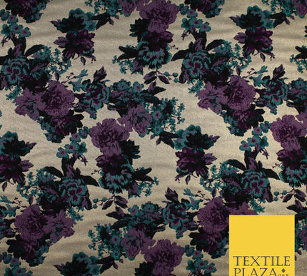 Plum Jade Floral Bloom Petal Leaf Metallic Textured Brocade Fabric 8516