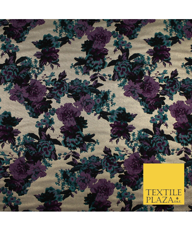 Plum Jade Floral Bloom Petal Leaf Metallic Textured Brocade Fabric 8516