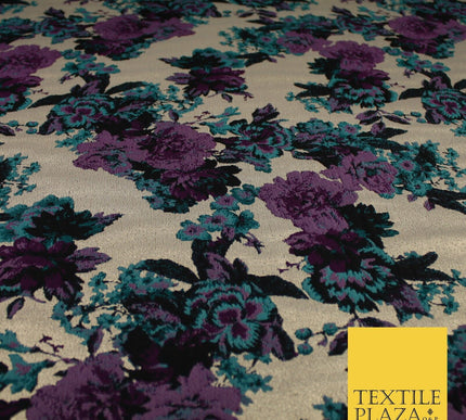 Plum Jade Floral Bloom Petal Leaf Metallic Textured Brocade Fabric 8516