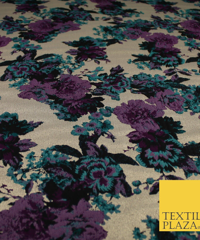 Plum Jade Floral Bloom Petal Leaf Metallic Textured Brocade Fabric 8516
