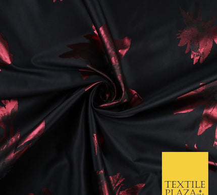 Black Red Falling Floral Textured Metallic Fancy Brocade Jacquard Fabric 8519