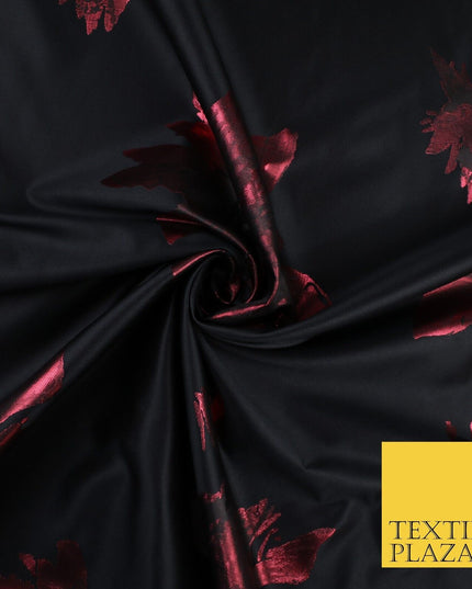Black Red Falling Floral Textured Metallic Fancy Brocade Jacquard Fabric 8519