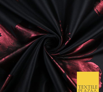 Black Red Falling Floral Textured Metallic Fancy Brocade Jacquard Fabric 8519