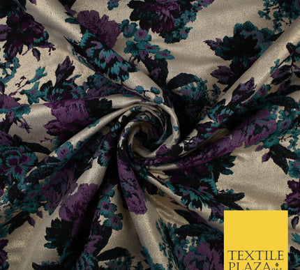 Plum Jade Floral Bloom Petal Leaf Metallic Textured Brocade Fabric 8516