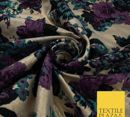 Plum Jade Floral Bloom Petal Leaf Metallic Textured Brocade Fabric 8516