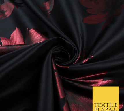 Black Red Falling Floral Textured Metallic Fancy Brocade Jacquard Fabric 8519
