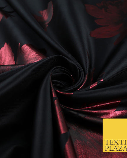 Black Red Falling Floral Textured Metallic Fancy Brocade Jacquard Fabric 8519