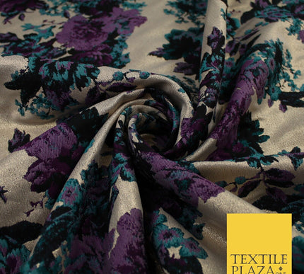 Plum Jade Floral Bloom Petal Leaf Metallic Textured Brocade Fabric 8516