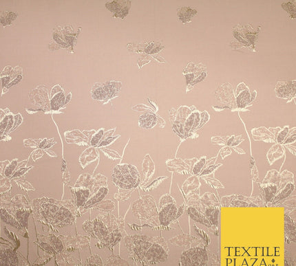 Light Peach Gold Falling Floral Border Metallic Textured Brocade Fabric 8513