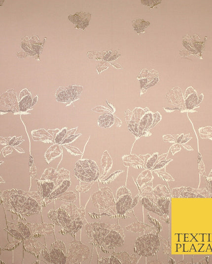 Light Peach Gold Falling Floral Border Metallic Textured Brocade Fabric 8513