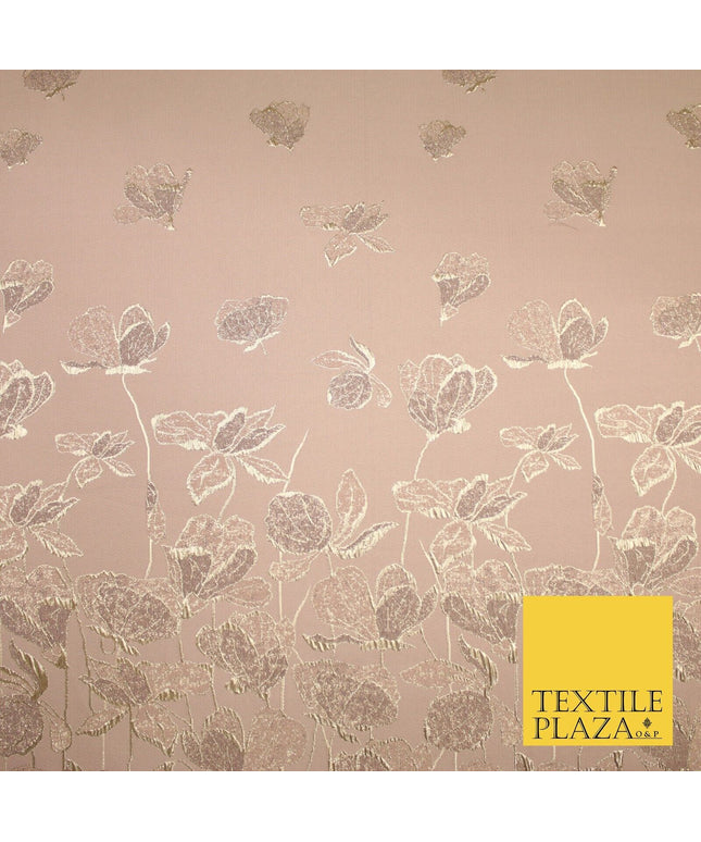 Light Peach Gold Falling Floral Border Metallic Textured Brocade Fabric 8513